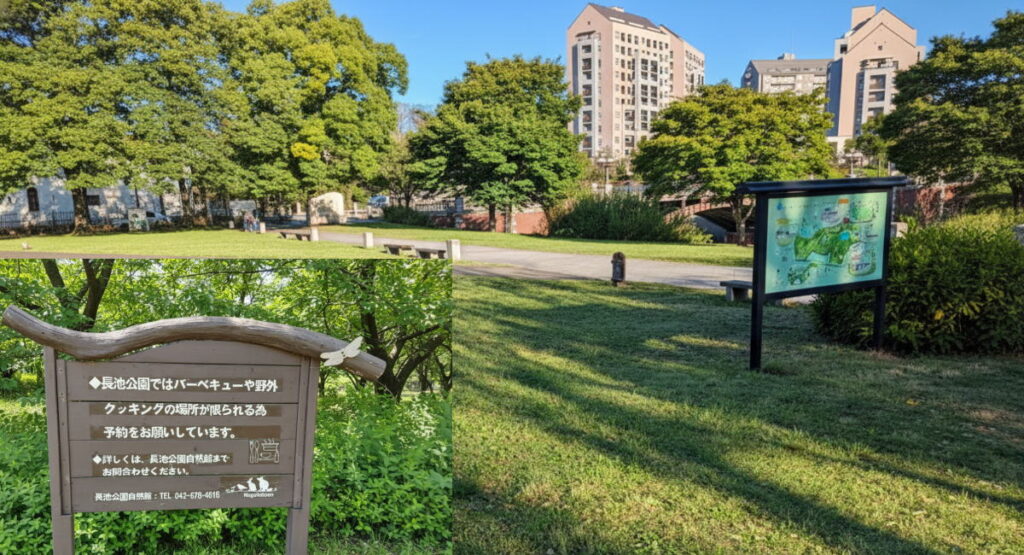 八王子市長池公園の広場と利用看板