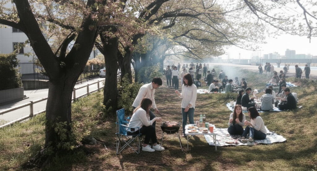 鶴見川樽町河川敷(樽町ポンプ場)でお花見BBQ