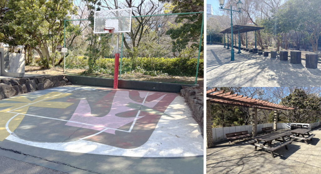 東京都中央区浜町公園のバスケットゴールやベンチ