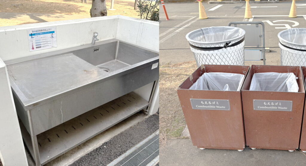 暁ふ頭公園内に設置されていたゴミ箱と炊事場
