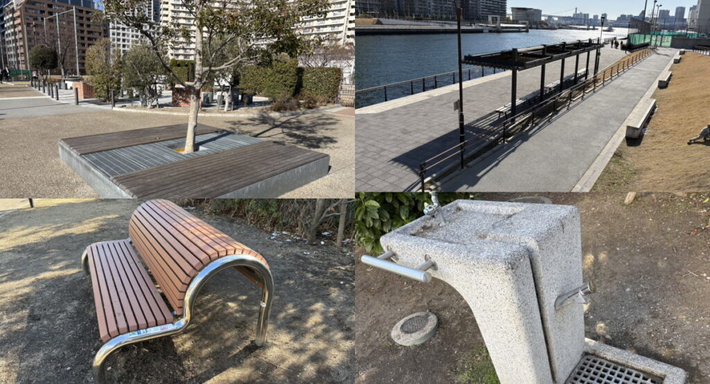 中央区豊海運動公園のデッキやベンチ