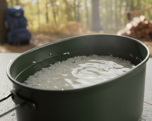 飯盒で米を研ぐ様子